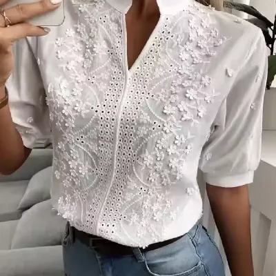 V-NECK EMBROIDERED LACE SHIRTS